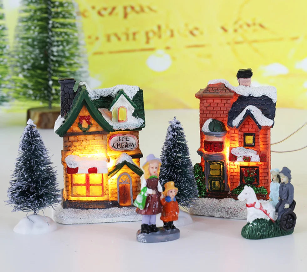 Enfeite de casa em miniatura de resina para o Natal, decoração de mesa com tema de aldeia natalina, casa em miniatura, cena em miniatura, decoração para festas de fim de ano.