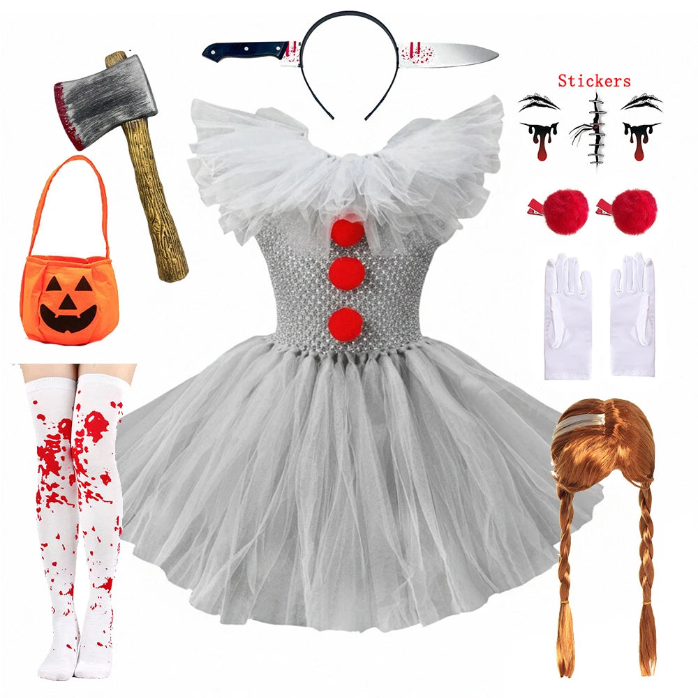 Fantasia de Palhaço Assustador para Meninas, Vestido Tutu de Tule Cinza, Roupa de Cosplay para Halloween, Carnaval dos Mortos e Festas de Palco
