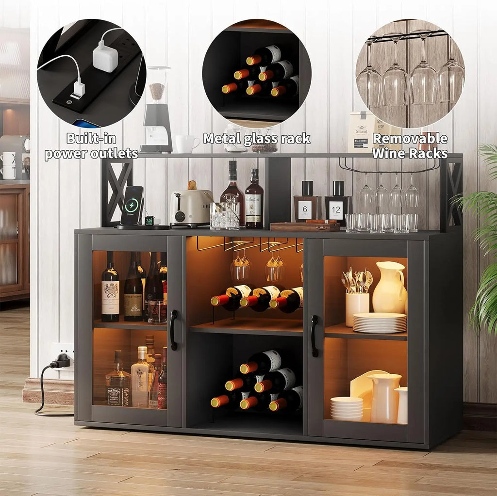 Armário de Vinhos com Iluminação LED e Tomadas, Armário de Bebidas Estilo Fazenda, Aparador de Madeira com Prateleiras para Vinhos e Suporte para Copos para Cozinha, Sala de Jantar, Sala de Estar