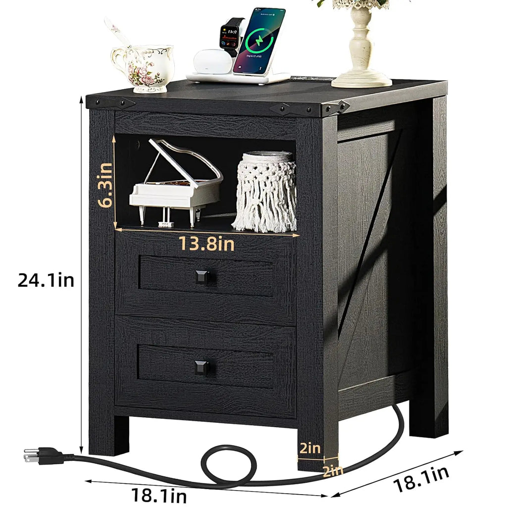 Mesa de cabeceira com estação de carregamento e porta USB, 2 gavetas e prateleira para armazenamento, móveis de quarto em estilo rústico, personalizável.