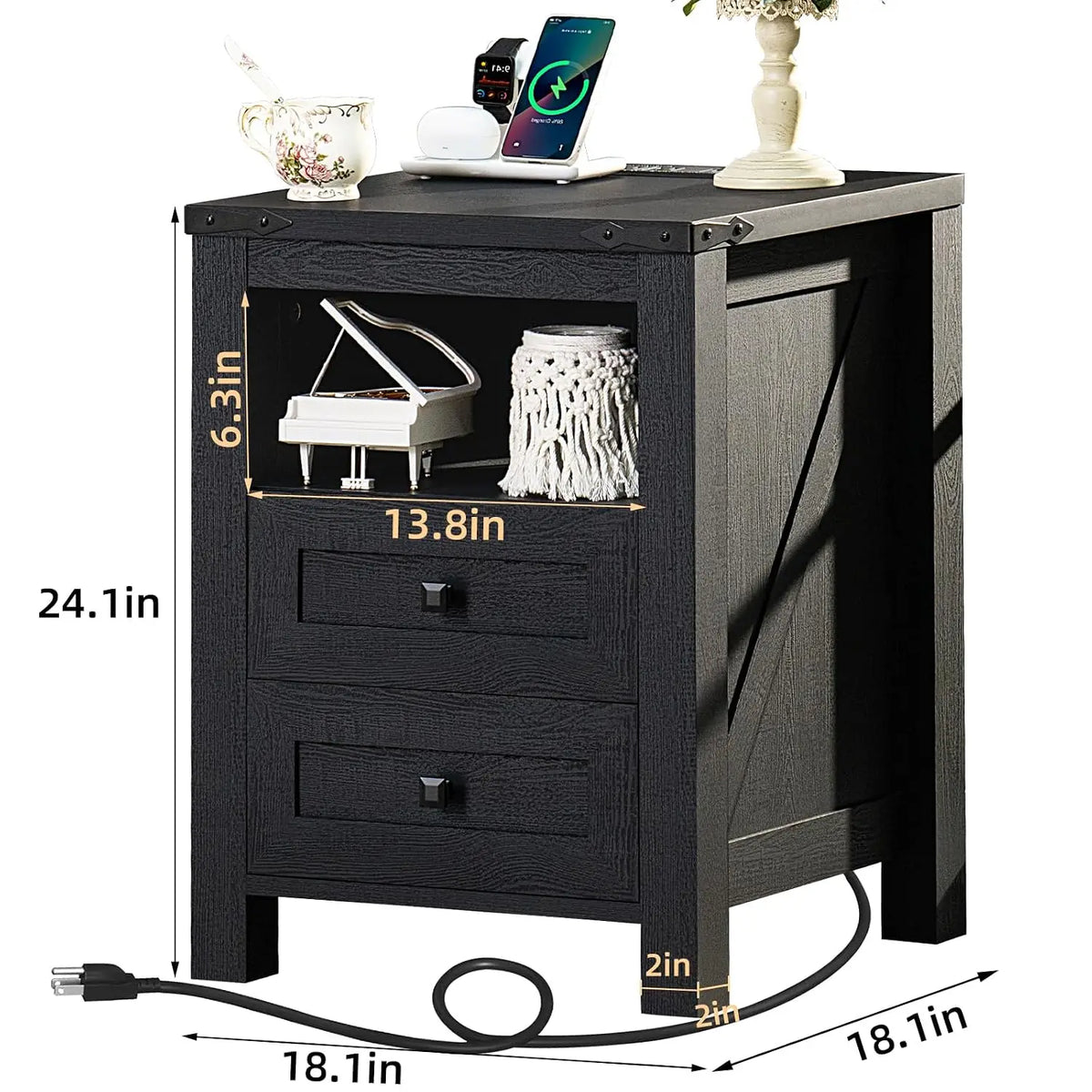 Mesa de cabeceira com estação de carregamento e porta USB, 2 gavetas e prateleira para armazenamento, móveis de quarto em estilo rústico, personalizável.