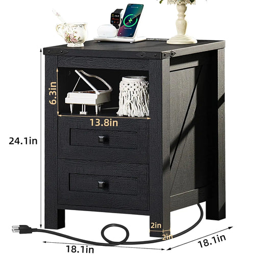 Mesa de cabeceira com estação de carregamento e porta USB, 2 gavetas e prateleira para armazenamento, móveis de quarto em estilo rústico, personalizável.