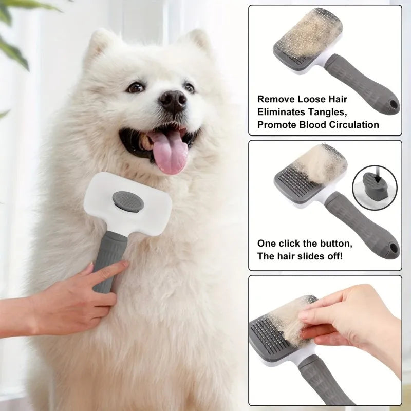 Escova de Cuidado para Cães e Gatos de Uso Duplo 20×10×5.5cm, Escova Autolimpante com Agulhas Curvas de Ponta Redonda, Cabo Ergonômico para Animais de Estimação
