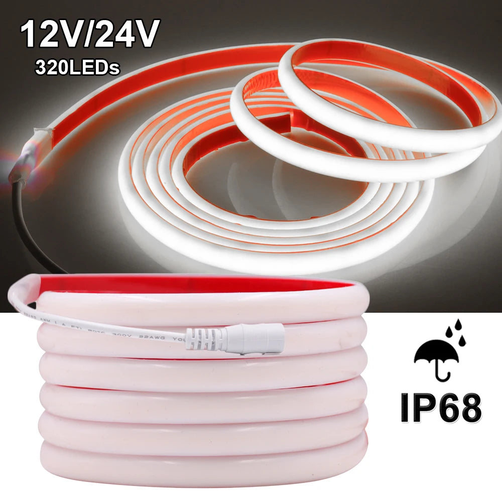 Fita de néon led cob à prova d'água ip68, 12v, 24v, 320leds/m, fita flexível ra90, forro de alta densidade, iluminação 3000k-6000k