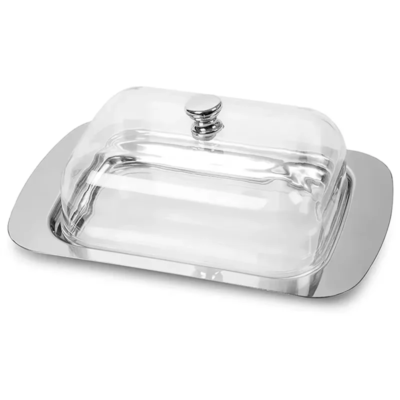 Prato de manteiga de aço inoxidável ABAE com tampa - Recipiente de queijo sólido/merca - Caixa de armazenamento de queijo de manteiga