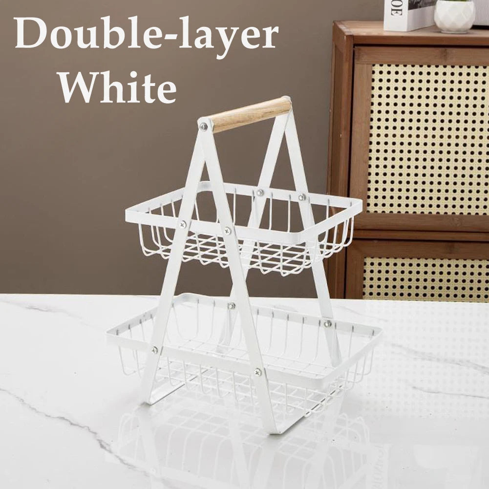 Cesta de armazenamento multifuncional de camada dupla de ferro, prateleira de mesa, mesa de armazenamento de lanche e frutas, com duas camadas de armazenamento na parte superior