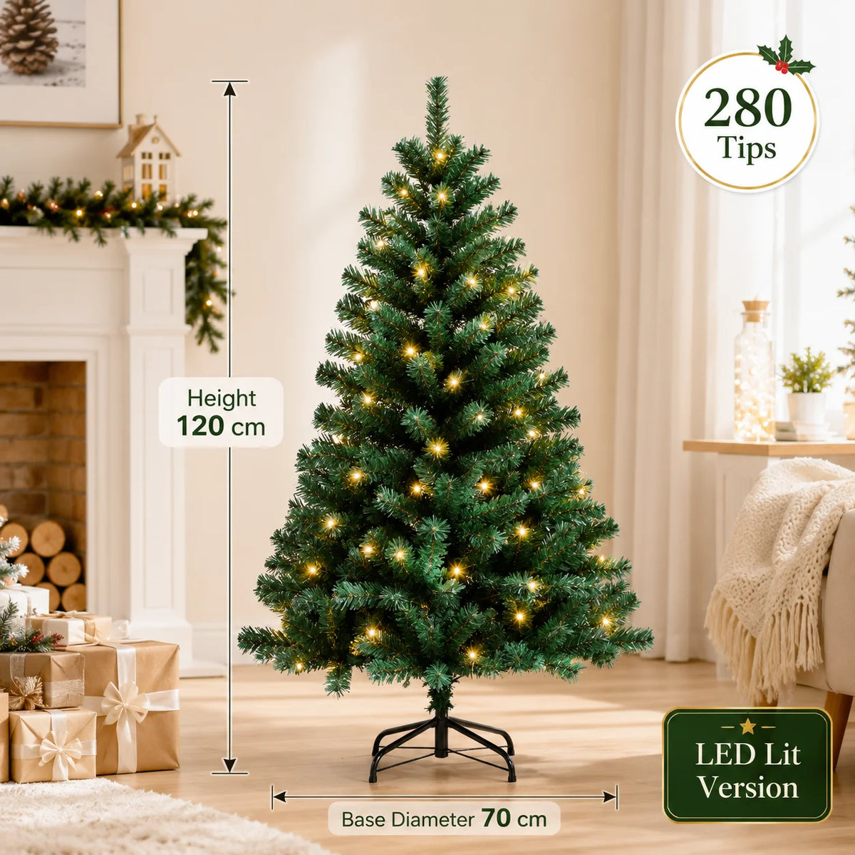 Árvore de Natal Artificial Grande em PVC com Luzes LED, de 120cm a 300cm, Decoração para Festa de Natal e Ano Novo em Família
