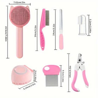 Kit de Beleza para Gatos com 8 Peças: Escova, Cortador de Unhas e Lixas, Kit de Higiene para Animais de Estimação, Pente Antipulgas