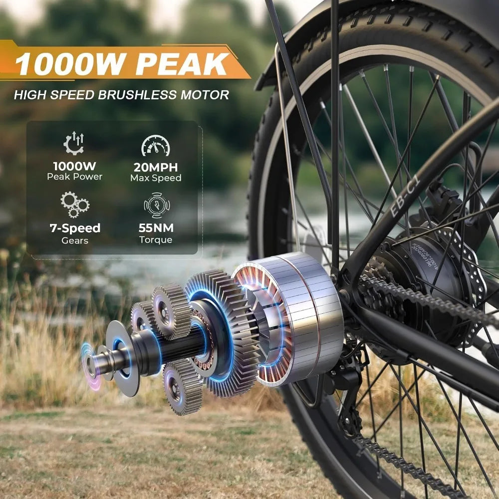 Electric Bike for Adults, 26 City Cruiser, 1000W Peak Motor, 20MPH, 50 Miles Range, 48V Battery, 7-Speed, UL 2849