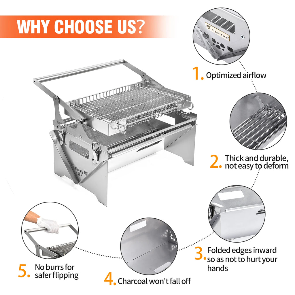 Flip Grill 360 °   Churrasqueira Rotativa, Grelha Manual com Sistema de Empurrar e Puxar para Grelhar com Carvão, Ideal para Acampamentos e Piqueniques ao Ar Livre