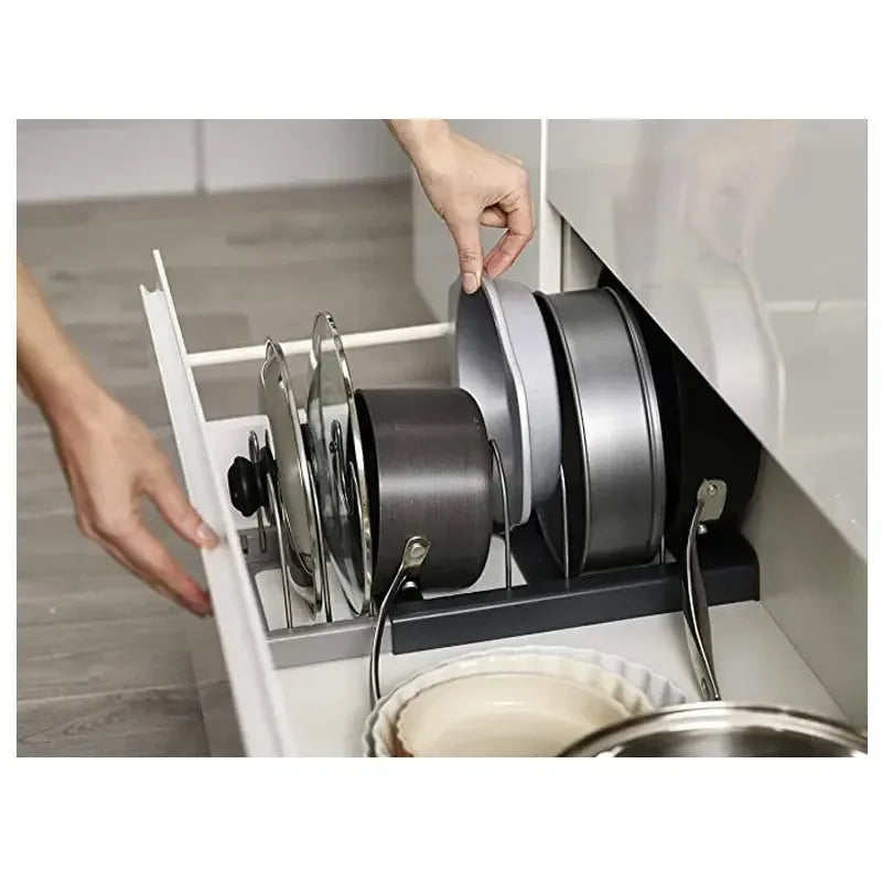 Suporte organizador expansível para panelas e frigideiras, suporte ajustável para tampas de armários sob a pia, organizador de cozinha que economiza espaço para guardar utensílios de cozinha.