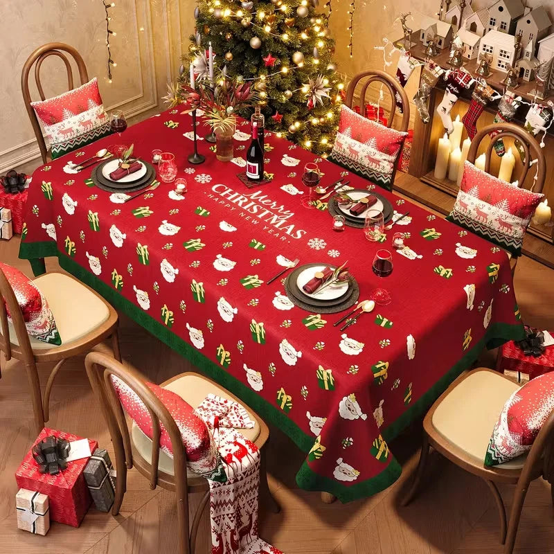 Toalha de Mesa de Natal: Decoração Clássica de Inverno com Estampa de Papai Noel, Floco de Neve e Pinhas – Suprimentos para Cenário Festivo