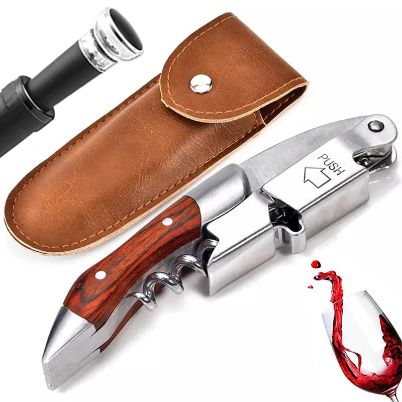 Abridor de vinho portátil profissional com punho de madeira, garçons Corkscrew, Beer Bottle Cap Opener com saco PU, Wine Stopper