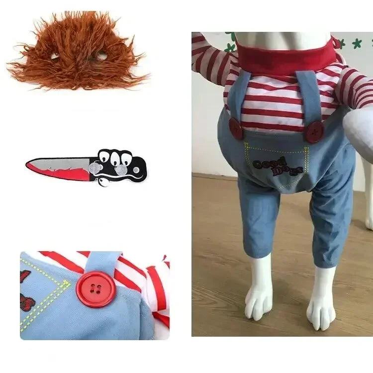 Halloween roupas para cães de estimação transformados vestuário para animais de estimação e peruca para festa de férias suprimentos para animais de estimação engraçado boneca sangrenta com faca traje do cão