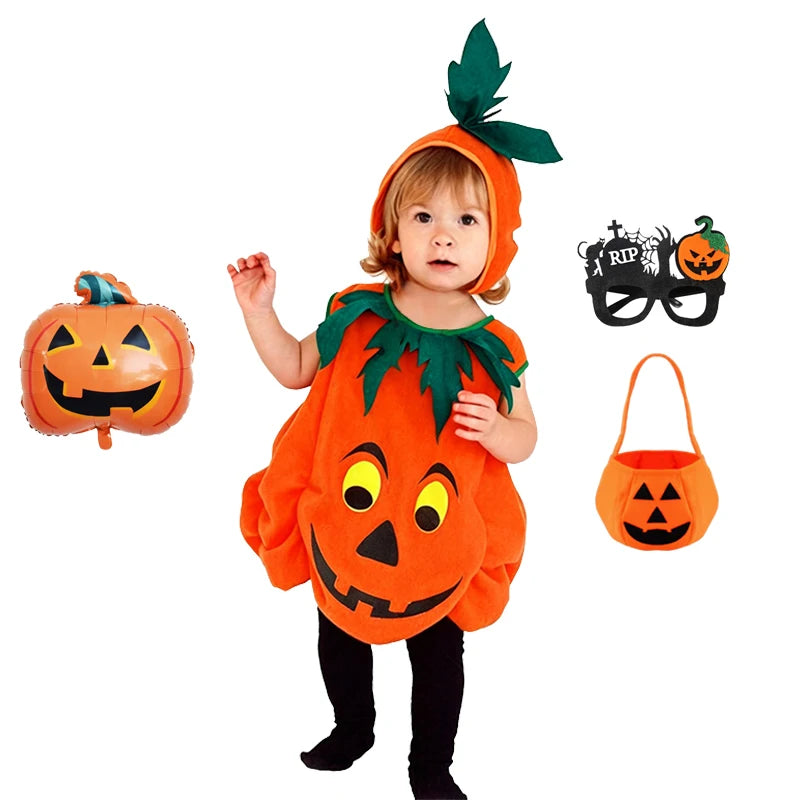 Macacão Infantil 2026 para Meninas e Meninos, Fantasia de Abóbora de Halloween com Chapéu, Cosplay para Apresentação em Palco, Fantasia para Festa de Natal