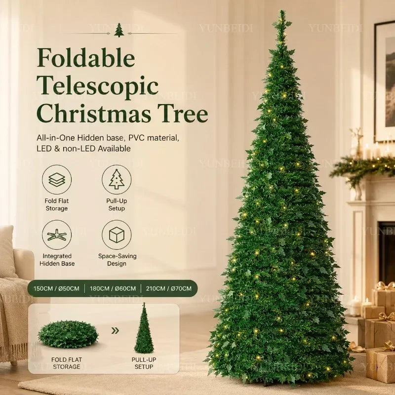 Árvores de Natal Artificiais com Luzes LED Decorativas, Tudo em Um, com Alturas de 1,5m a 2,1m, Decoração de Natal para Casa