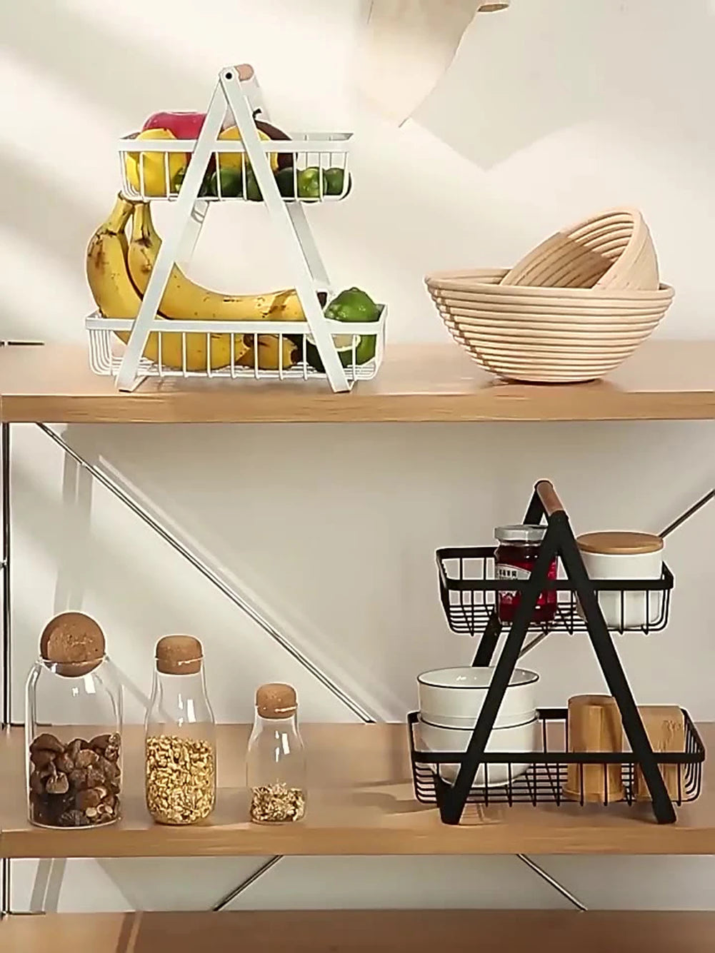Cesta de armazenamento multifuncional de camada dupla de ferro, prateleira de mesa, mesa de armazenamento de lanche e frutas, com duas camadas de armazenamento na parte superior