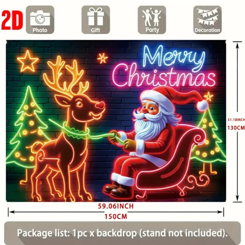 Cenário natalino em neon: Papai Noel e renas, ideal para festas de fim de ano e decorações natalinas para uso ao ar livre.