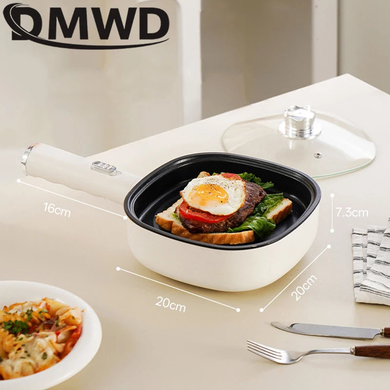 Panela Elétrica DMWD para Fritar, Mini Panela Doméstica Antiaderente para Bifes e Panquecas, Frigideira Elétrica Multifuncional 2 Potências 600W