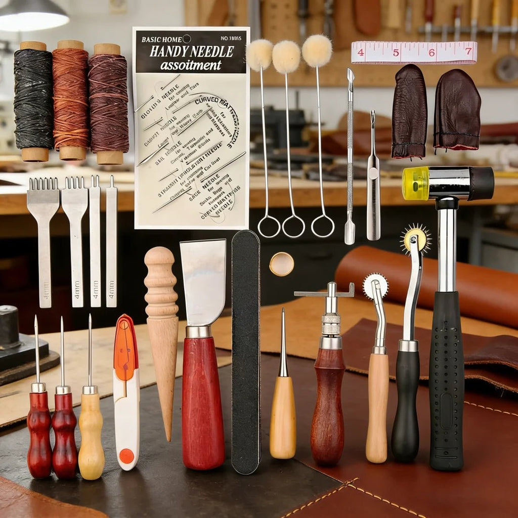 Kit de Ferramentas para Artesanato em Couro, Kit de Reparo e Costura Manual em Couro, Conjunto Profissional de Ferramentas DIY para Costura, Punção, Entalhe e Sulcagem