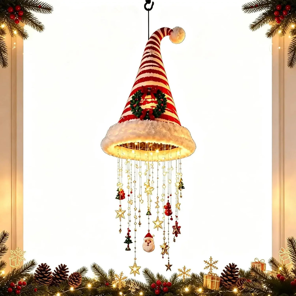 Decoração de Natal: Chapéu de Papai Noel para Pendurar, Luz de Teto com Estrela, Sino e Enfeite de Árvore, Decoração para Festas e Festividades de Natal em Casa