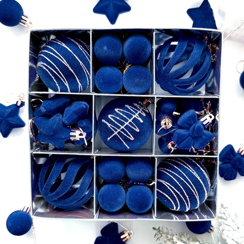 Conjunto de 35 bolas de Natal, enfeites para pendurar na árvore de Natal, veludo azul royal, formatos variados, decoração para festas de fim de ano.