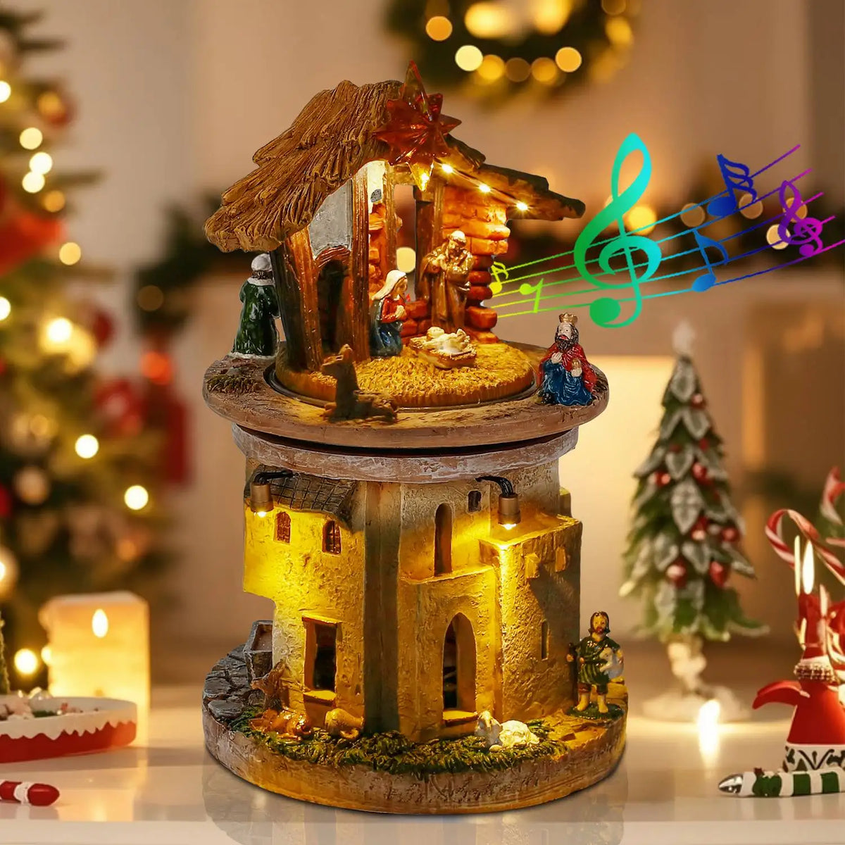 Vila de Natal Animada com Presépio da Sagrada Família, Figurinha de Manjedoura Rotativa, Canções Religiosas e Luzes para Decoração Interna