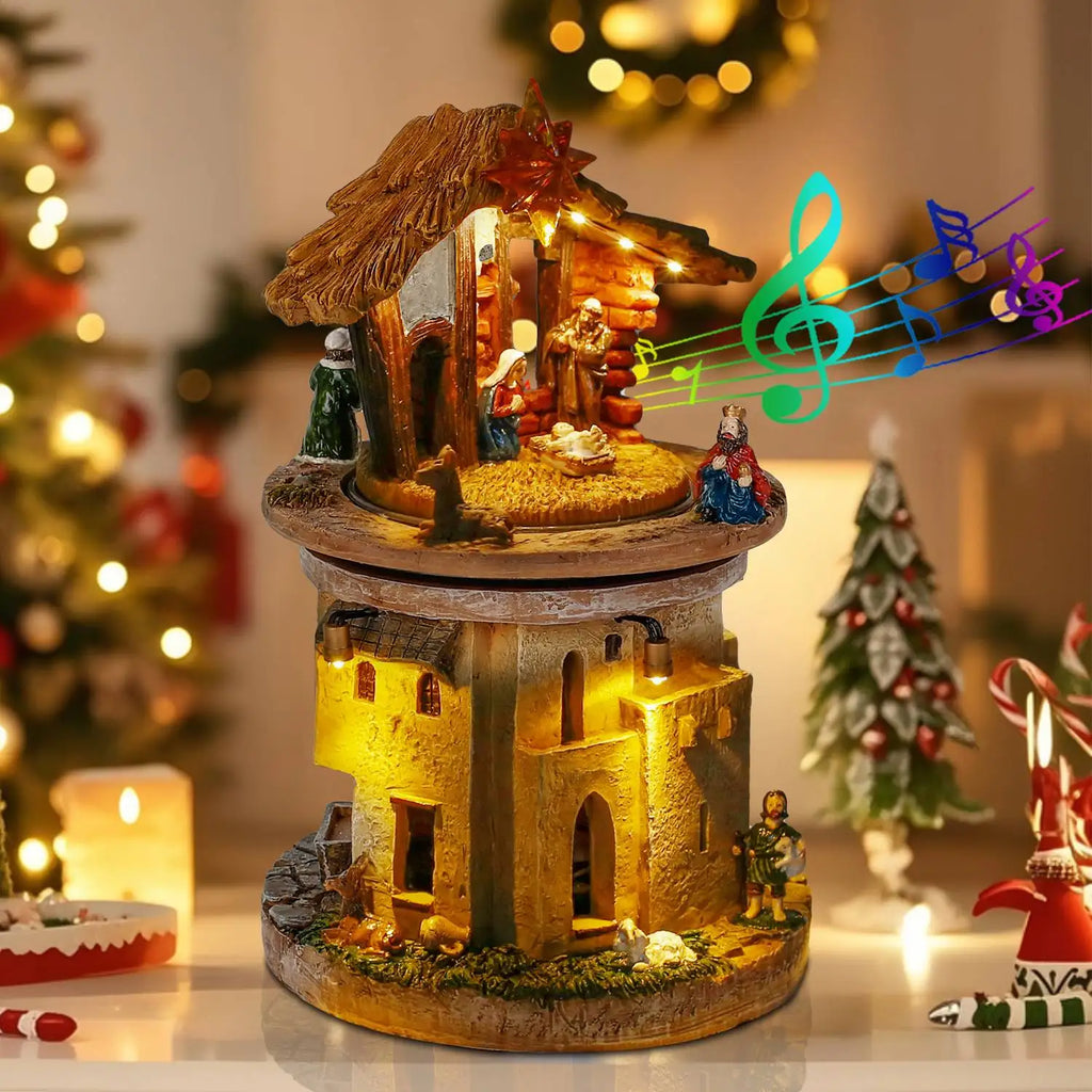 Vila de Natal Animada com Presépio da Sagrada Família, Figurinha de Manjedoura Rotativa, Canções Religiosas e Luzes para Decoração Interna