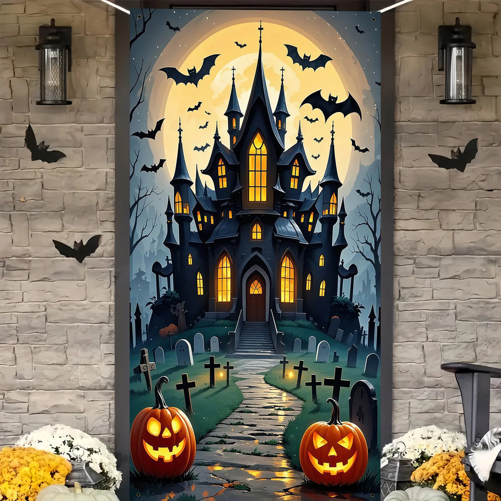 Decoração de Porta Assustadora para Halloween - Material de poliéster, design de lua cheia e castelo fantasma, perfeito para decoração de festas