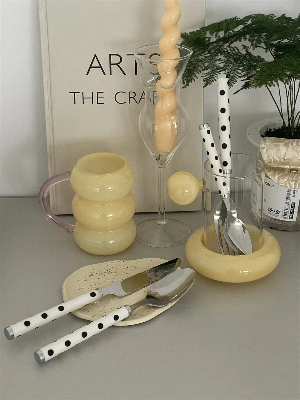 Conjunto de Talheres Retrô Coreano de Aço Inoxidável com Pontos, 4 Peças, Garfo de Bife e Colher de Manteiga, Conjunto de Talheres Domésticos para Jantar
