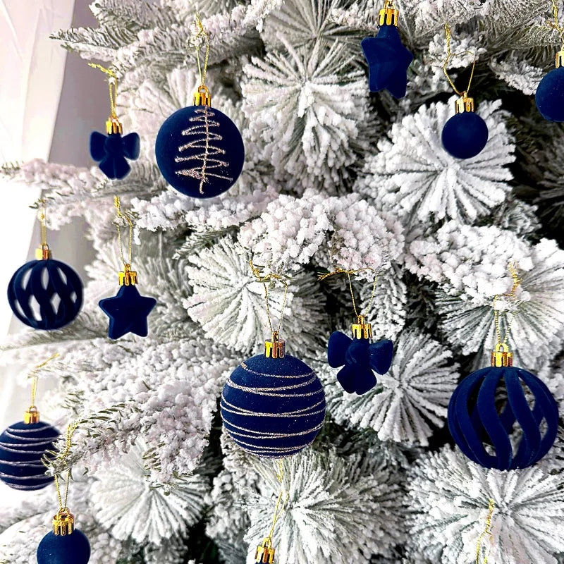 Conjunto de 35 bolas de Natal, enfeites para pendurar na árvore de Natal, veludo azul royal, formatos variados, decoração para festas de fim de ano.