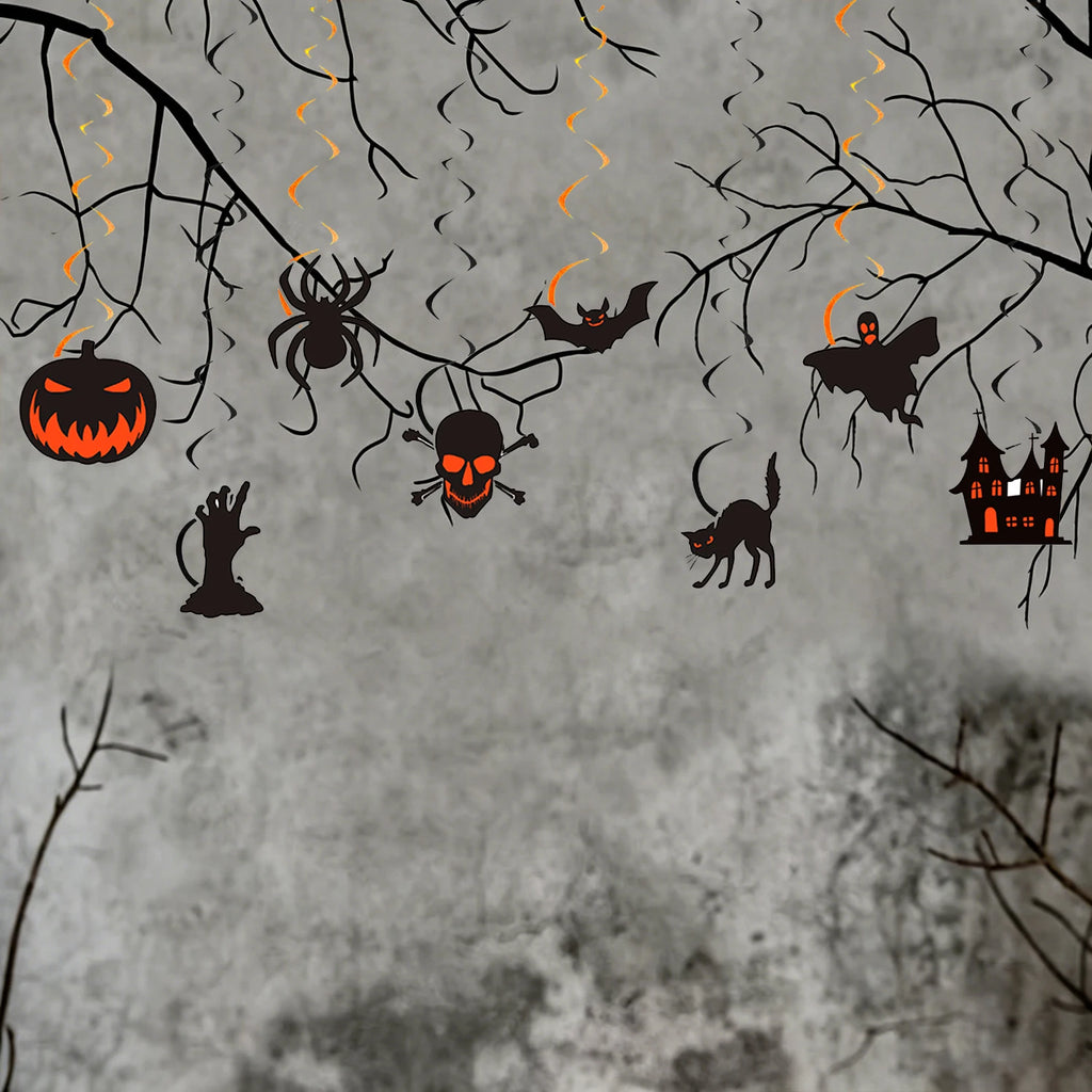 Decorações de Halloween para Pendurar, Enfeites de Teto com Abóbora, Aranha, Morcego, Caveira, Fantasma e Gato Preto, Decoração de Festa