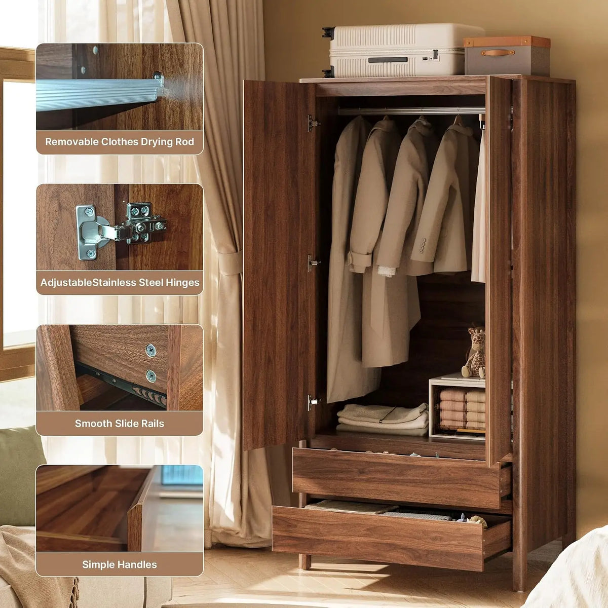Guarda-Roupa Moderno de Nogueira com 2 Portas e 2 Gavetas, 180 cm de Altura, Armário de Quarto com Puxadores Ocultos, Armazenamento de Madeira Independente