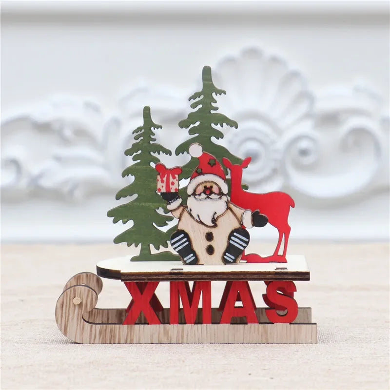 Decorações de natal de madeira diy trenó esqui dos desenhos animados santa ornamento de mesa presente das crianças pequeno presente