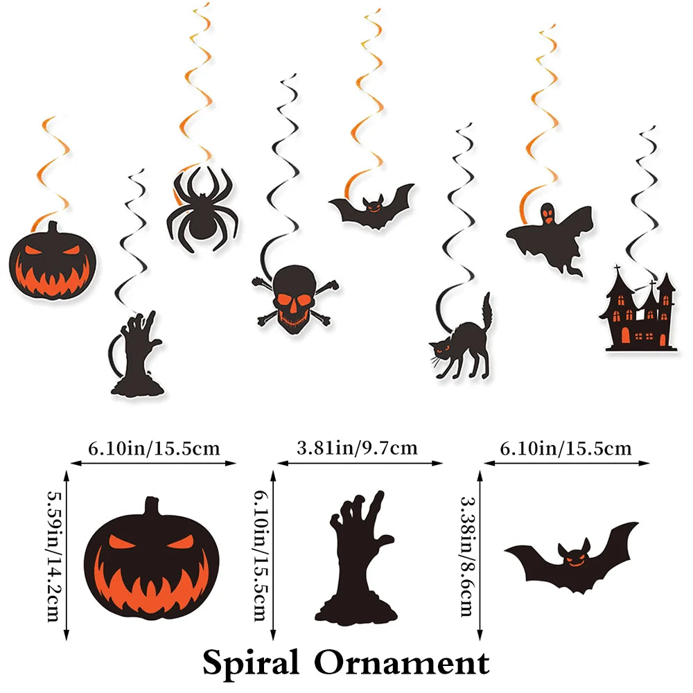 Conjunto de Decorações para Festa de Halloween: Banner Feliz Halloween, Guirlanda Doçura ou Travessura, Teias de Aranha, Espirais Penduradas, Toppers para Cupcakes e Balões