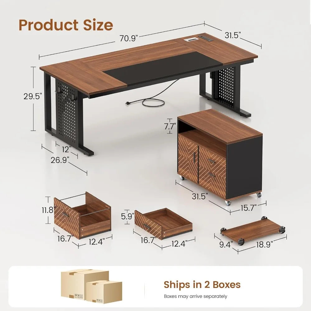Mesa Executiva de 71 polegadas com Armário Arquivador com Rodas, Mesa de Escritório Grande com Gavetas, Mesa de Computador em L com Tomada, Personalizável