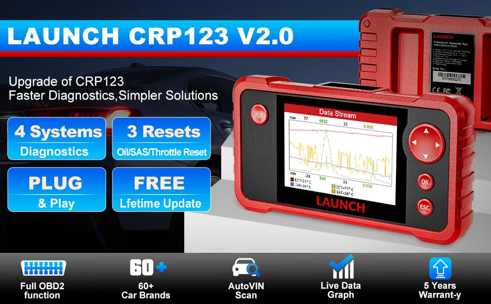 2026 NOVO LANÇAMENTO X431 CRP123 V2.0 Scanner Automotivo OBD2 para Diagnóstico de Motor/ABS/SRS/Transmissão, Ferramenta de Análise com 3 Funções de Redefinição