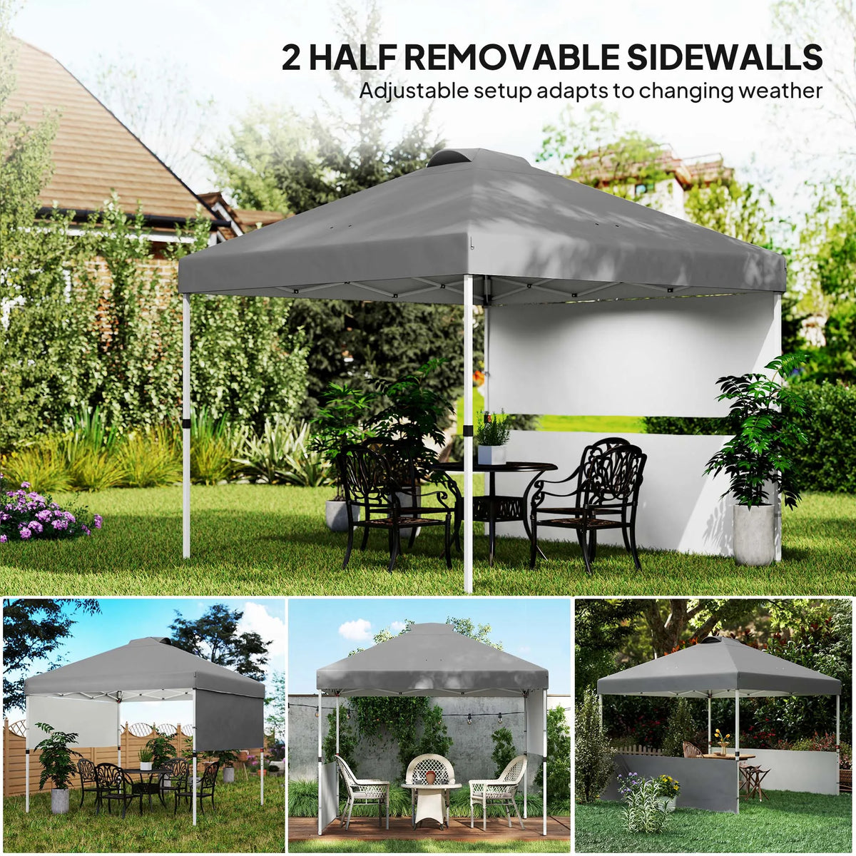 Tenda Pop-up 10' X 10' com 2 Meias Paredes Laterais, Cinza Escuro