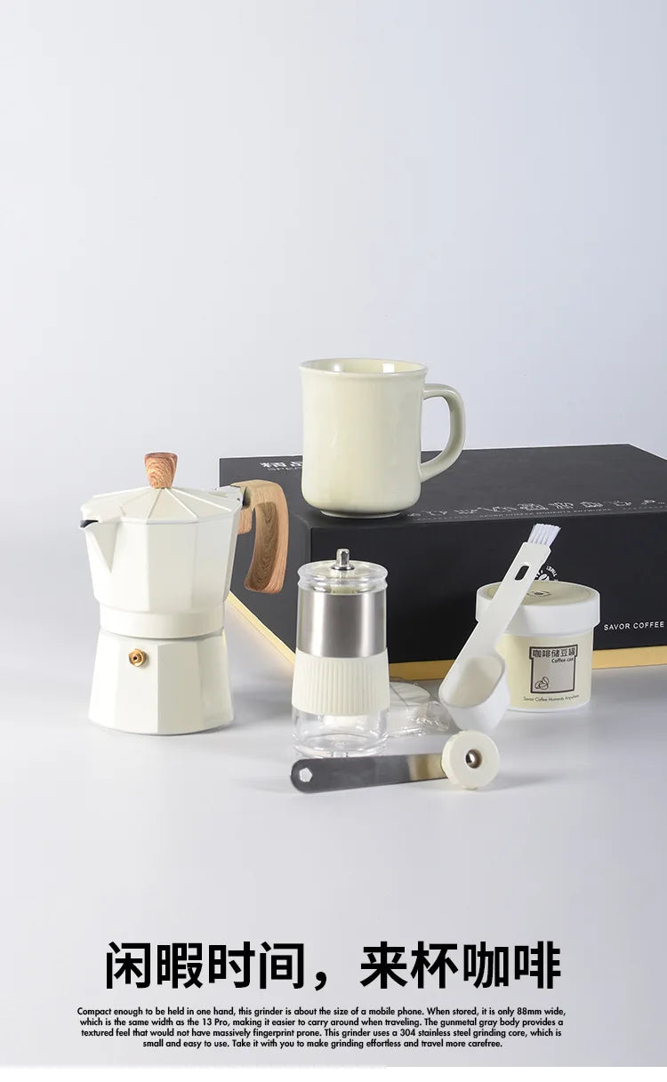 Conjunto de cafeteira moedor de mão, conjunto de moedor de mão caixa de presente, pote moka conjunto de 6 peças, com copo, lixeira de feijão, papel de filtro e colher de escova de feijão