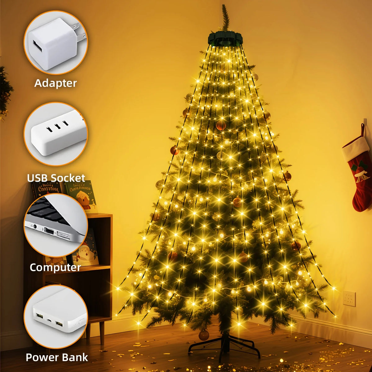 400 led 2m árvore de natal cachoeira luz alimentada por usb com controle remoto 8 modos de iluminação para jardim terraço casa decoração de natal