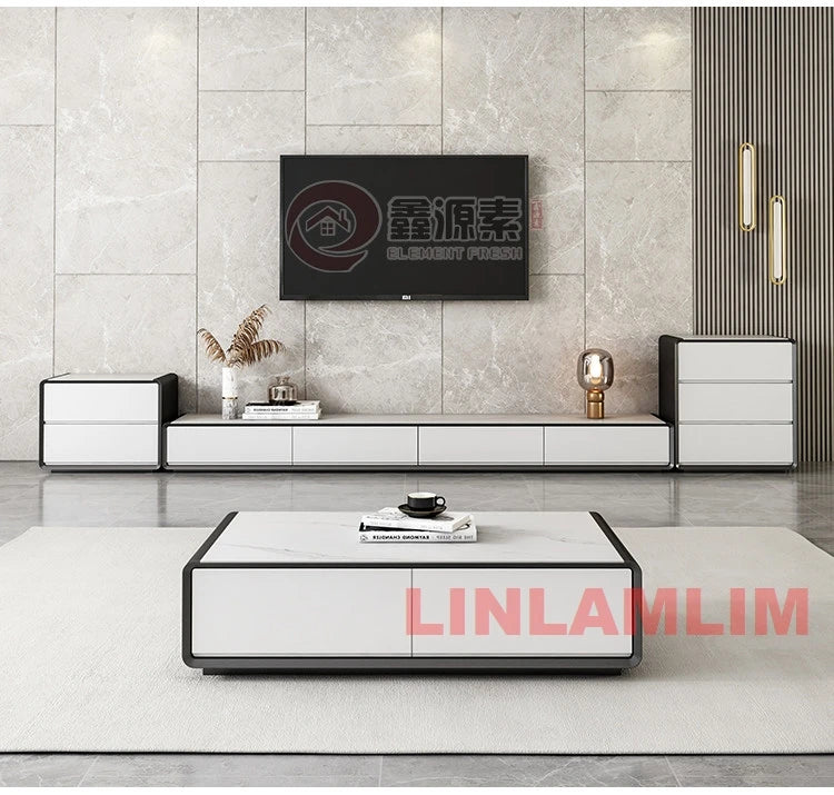 Conjunto de Móveis Modernos Brancos para Sala de Estar, Mesa de Café e Rack para TV com Armários de Armazenamento, Conjunto de Centro de Entretenimento Contemporâneo