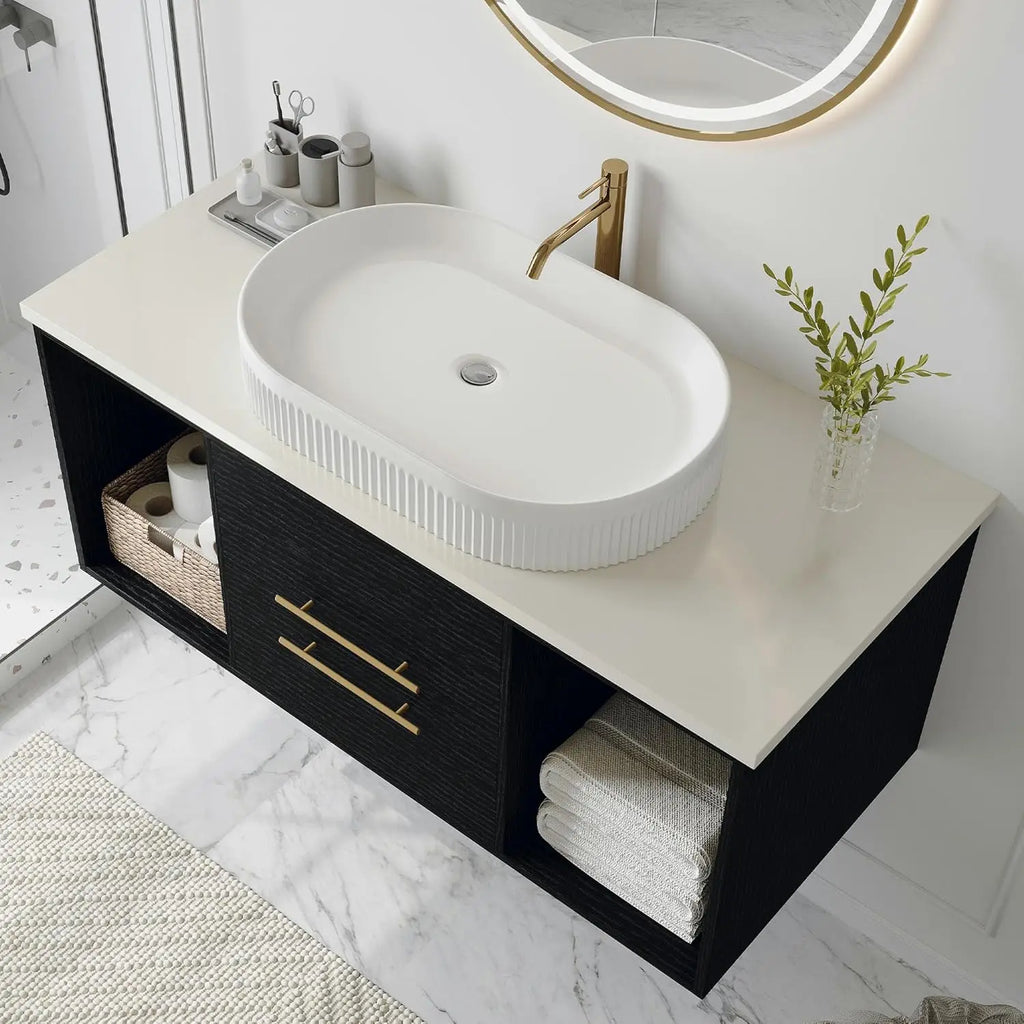 Vanidade de Banheiro Moderna Flutuante de 40 Polegadas com Pia de Cerâmica de Grau AAA Premium, Armário de Madeira Sólida Montado na Parede, 2 Gavetas, Personalizada