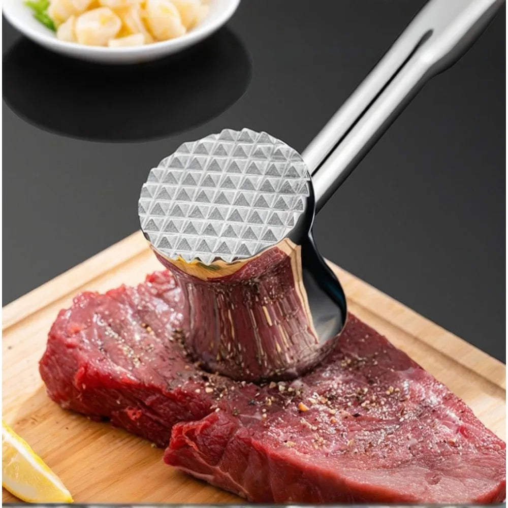 Martelo amaciador de carne em aço inoxidável 304, aperto ergonômico fundido de precisão para amaciamento de carne doméstica e ferramenta de amaciamento de bife