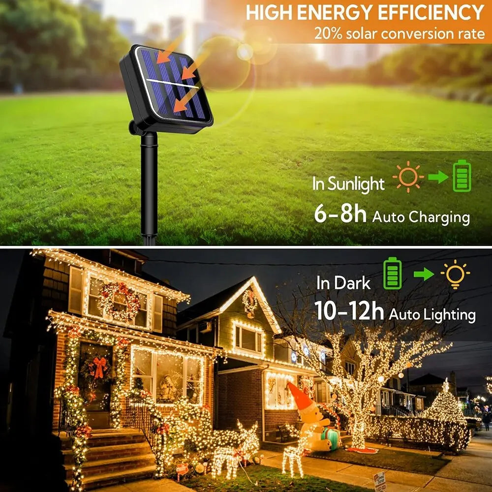 Luzes de corda solares impermeáveis ao ar livre Fairy Lights, Luzes de Natal para jardim, pátio, decorações de casamento, 8 modos