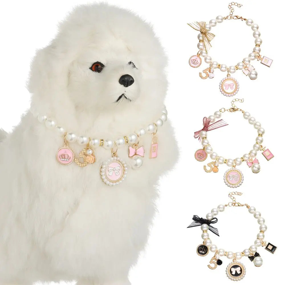Produtos para animais de estimação, joias para gatos, coleira fofa, cachorro, gato, princesa, arco, colar de pérola para animais de estimação, ajustável