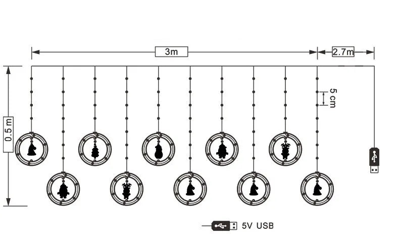 LED Christmas String Lights for Room Decoration, Guirlanda Cortina Lâmpada, Plug USB, Estrela, Papai Noel, Quarto, Sala de estar, Janela