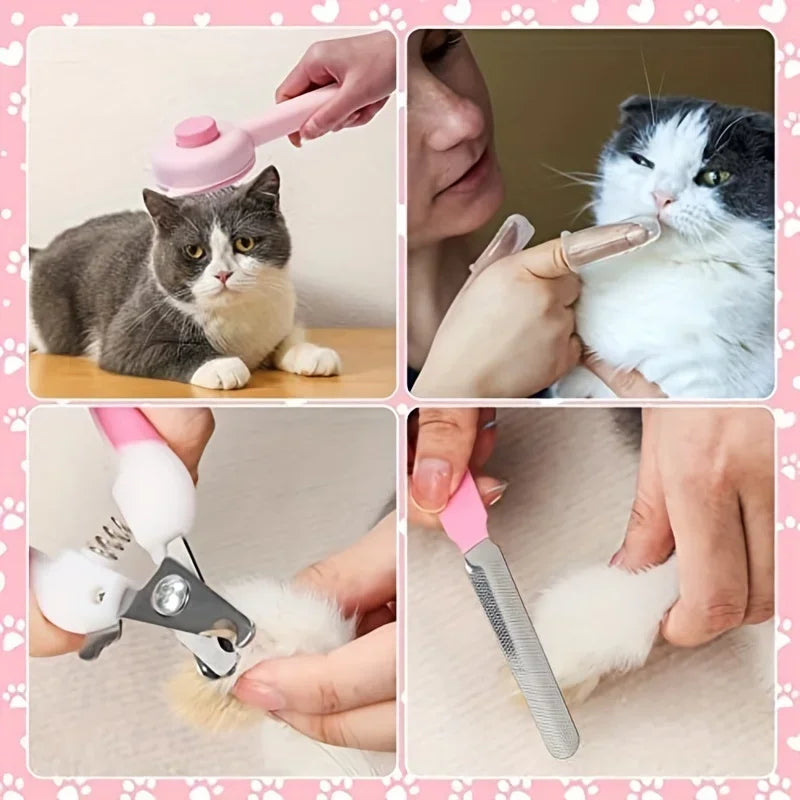 Kit de Beleza para Gatos com 8 Peças: Escova, Cortador de Unhas e Lixas, Kit de Higiene para Animais de Estimação, Pente Antipulgas