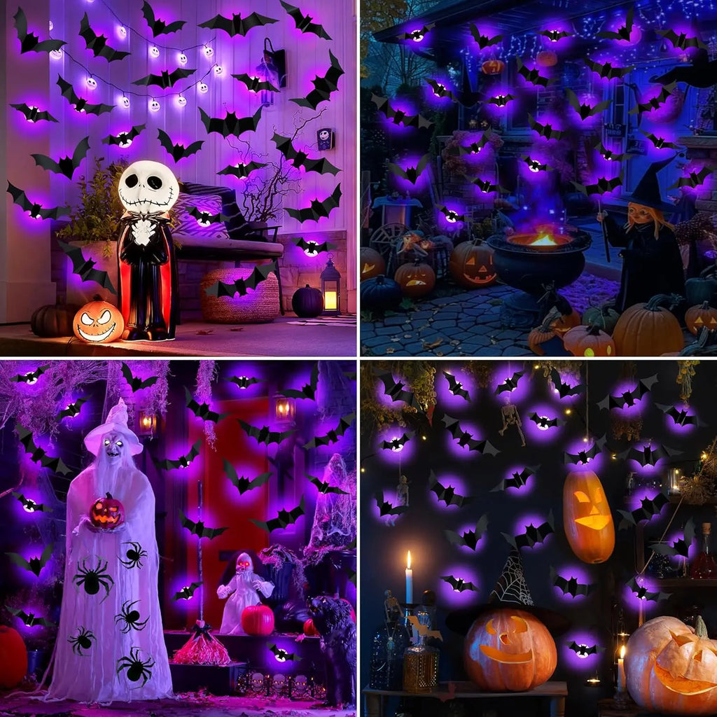 Halloween led morcegos aranha decoração brilho no escuro 3d adesivos de parede roxo/verde luzes para interior ao ar livre festa de halloween assustadores
