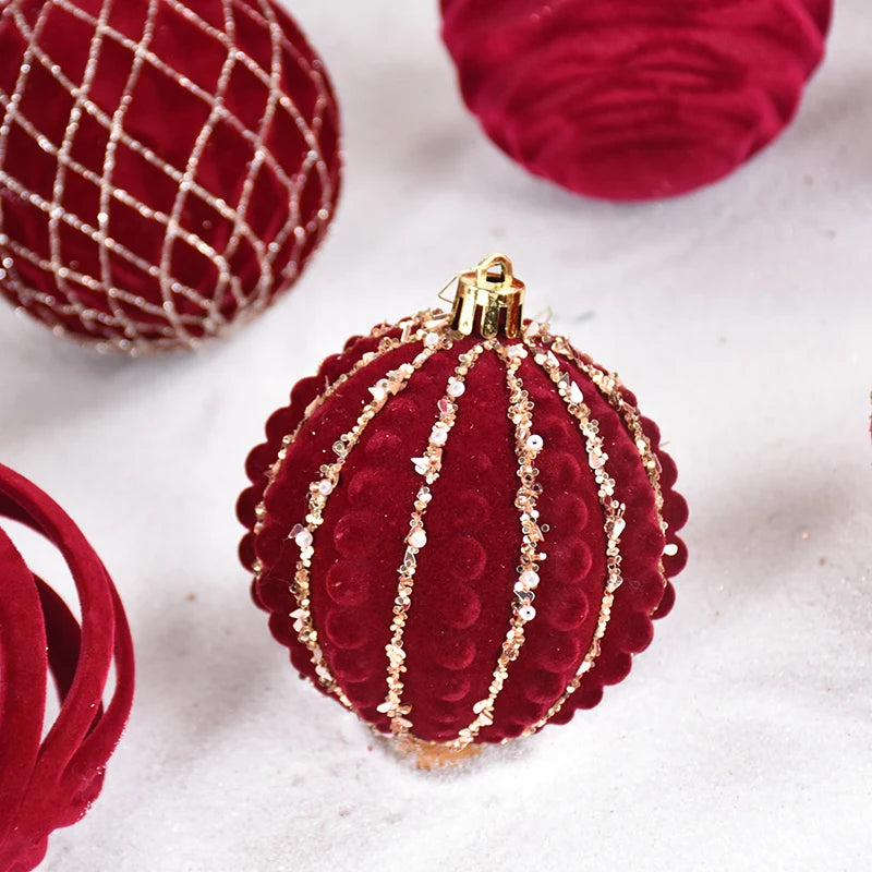 4 pçs 8cm vinho vermelho bola de natal ornamento decoração da árvore de natal esferas pingente textura de veludo bola ano novo decoração para casa