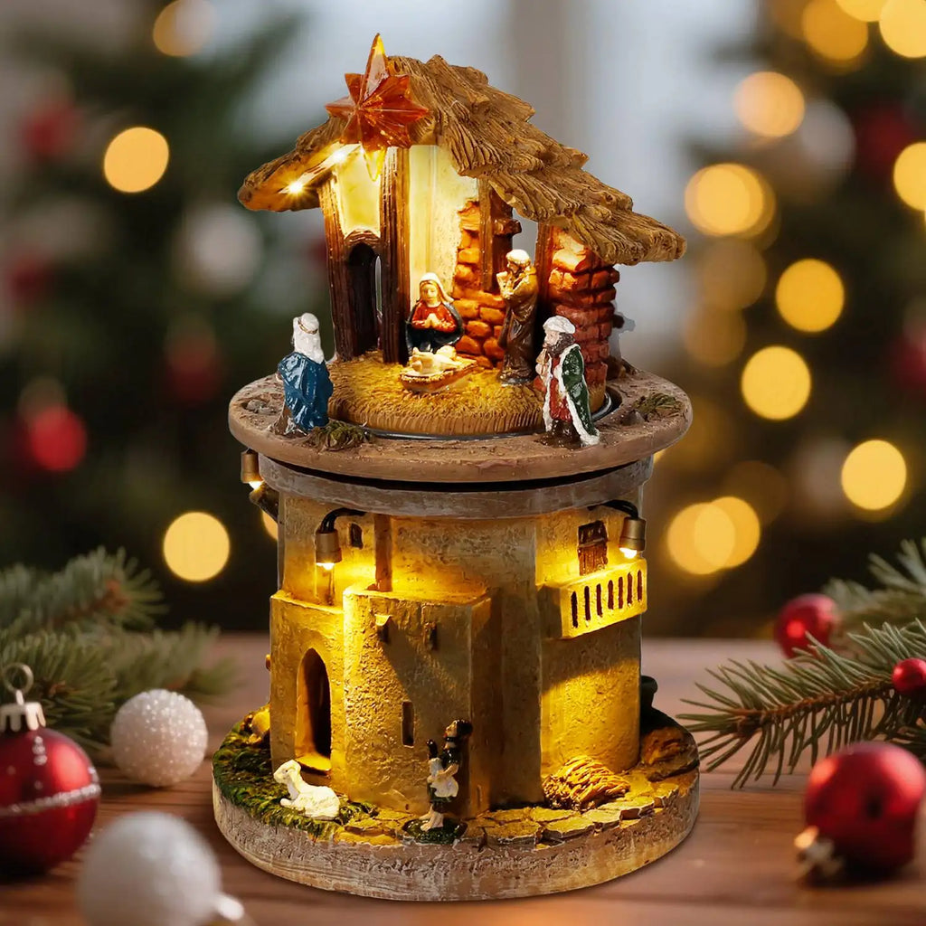 Vila de Natal Animada com Presépio da Sagrada Família, Figurinha de Manjedoura Rotativa, Canções Religiosas e Luzes para Decoração Interna